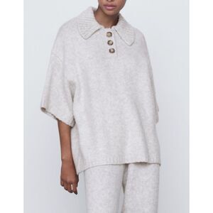 ZARA Cream Beige Wool Blend Oversized Chunky Collar Pullover Sweater Women Small